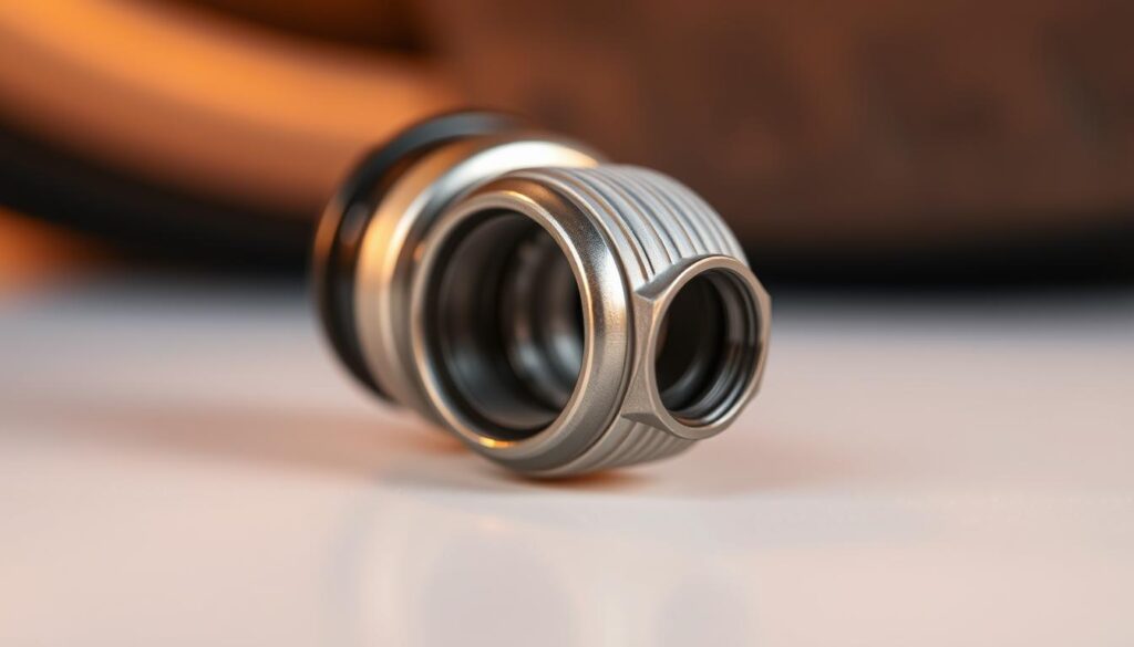 A close-up view of a tire valve stem, showcasing its metallic sheen under warm, diffused lighting. The valve cap is unscrewed, revealing the inner workings of the tire pressure monitoring system. The background is a clean, minimalist surface, allowing the tire component to be the focal point. The image conveys a sense of precision and attention to detail, reflecting the importance of maintaining proper tire pressure for optimal vehicle performance and safety.