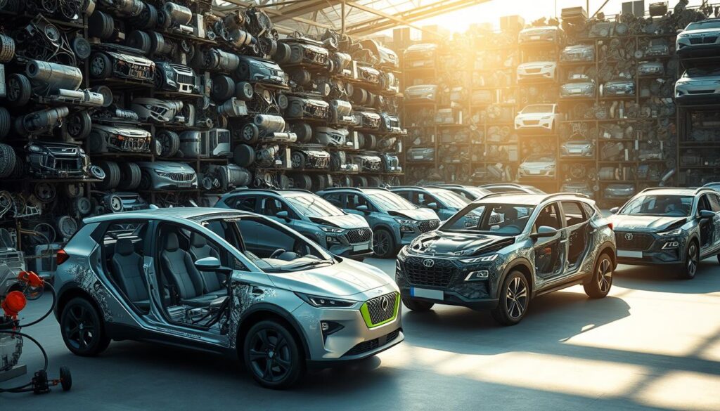 A futuristic eco-friendly car wrecking yard, bathed in soft, natural light. In the foreground, a compact electric vehicle is carefully disassembled, its components meticulously sorted for recycling. The middle ground features a fleet of hybrid SUVs, their frames stripped down to expose the intricate mesh of cables and metal parts, ready for sustainable disposal. In the background, a towering wall of repurposed car parts casts long shadows, hinting at the scale of the operation. The scene conveys a sense of order, efficiency, and environmental responsibility, reflecting the best practices of modern, green vehicle disposal.