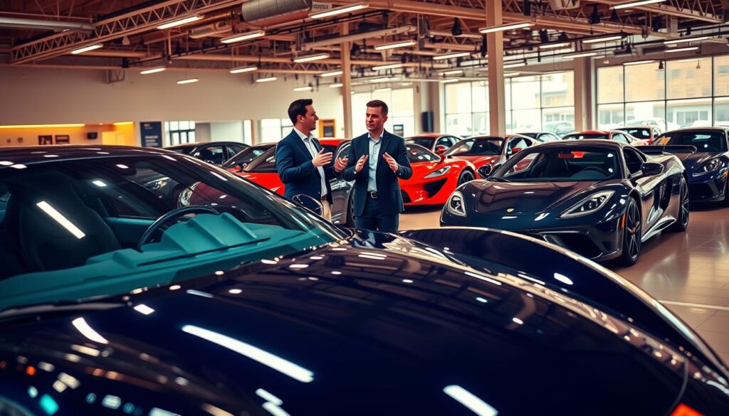 A lively, high-energy car showroom with warm, inviting lighting and a glossy display of a sleek, sporty sports car in the foreground. In the middle ground, a confident salesperson engages a prospective buyer, gesturing animatedly as they discuss the vehicle's features. The background features an array of other gleaming cars, creating a sense of bustling activity and a wide selection for the customer to explore. The overall atmosphere conveys an atmosphere of excitement, professionalism, and the promise of a seamless, satisfying sales experience.