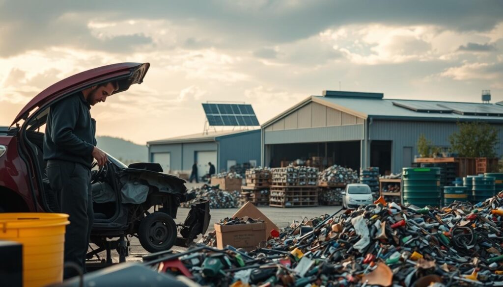 A sustainable junk car removal scene, captured with a wide-angle lens. In the foreground, a skilled mechanic carefully dismantles the vehicle, salvaging reusable parts. The middle ground features a sorting area, where metals, plastics, and other materials are meticulously separated for recycling. In the background, a modern, eco-friendly facility with solar panels and a green roof blends seamlessly with the natural landscape. Soft, diffused lighting illuminates the scene, creating a calming, harmonious atmosphere that emphasizes the importance of responsible vehicle disposal.
