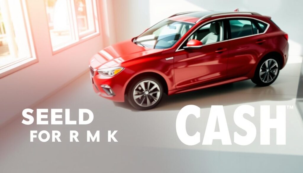 A well-lit, high-quality photograph of a used car displayed prominently in the foreground, with a clean, uncluttered background. The car should be positioned at an angle, showcasing its sleek design and vibrant color. The lighting should be natural, creating a warm and inviting atmosphere. The overall composition should convey a sense of urgency and the desire to sell the vehicle quickly for cash, without appearing overly staged or artificial.