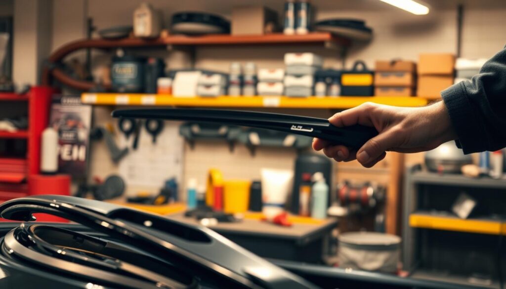 A well-lit workshop setting, with a car's wiper blades visible in the foreground. The blades are being carefully inspected, with a mechanic's hands examining their condition. In the middle ground, various maintenance tools and supplies are neatly arranged, suggesting a methodical approach. The background features shelves stocked with automotive parts, creating a sense of a professional, well-equipped space. The lighting is warm and focused, highlighting the intricate details of the wiper blades and the mechanic's attentive examination. The overall mood is one of diligence and attention to detail, reflecting the importance of proper wiper blade maintenance for safe driving.